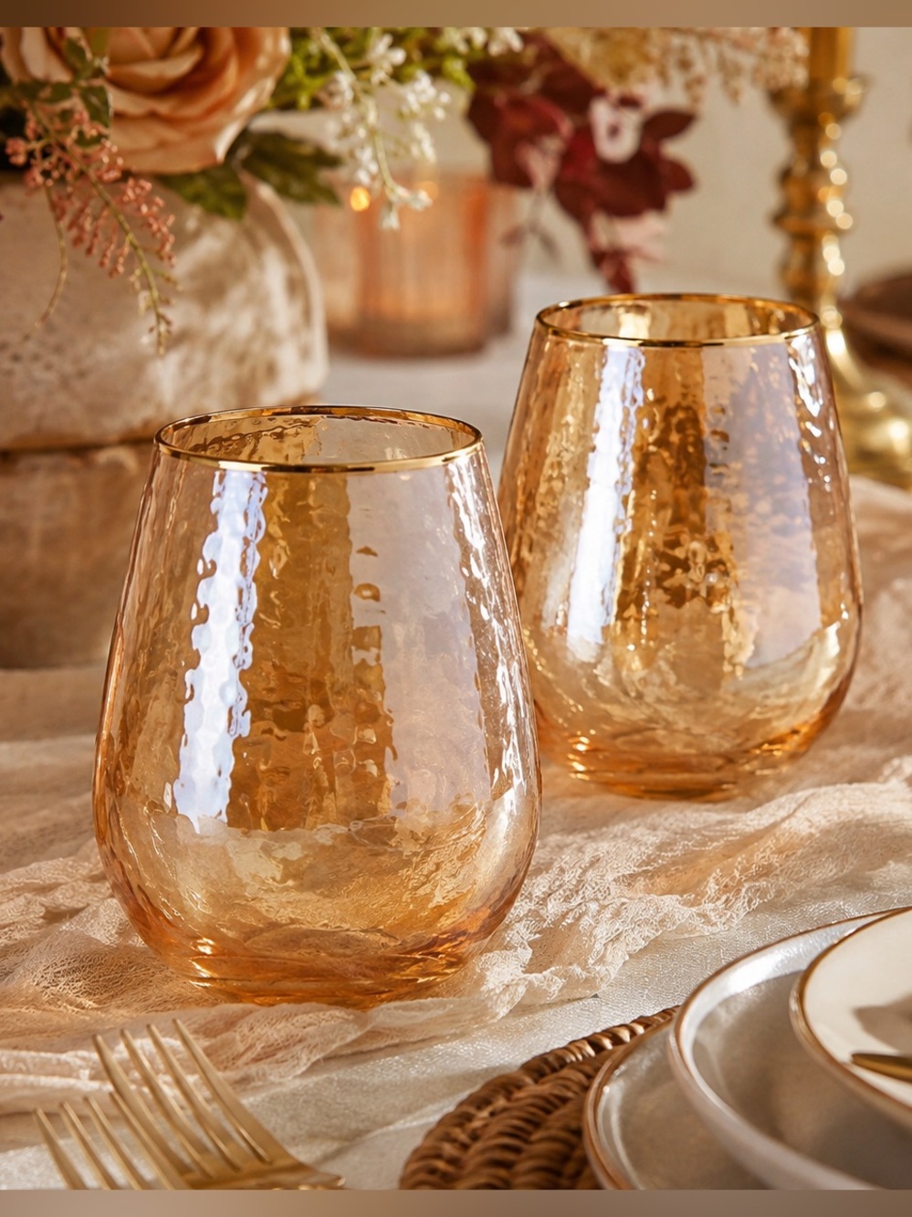 NEW Anthropologie Zaza Collection Honey Luster Stemless Wine Glasses Set of 2